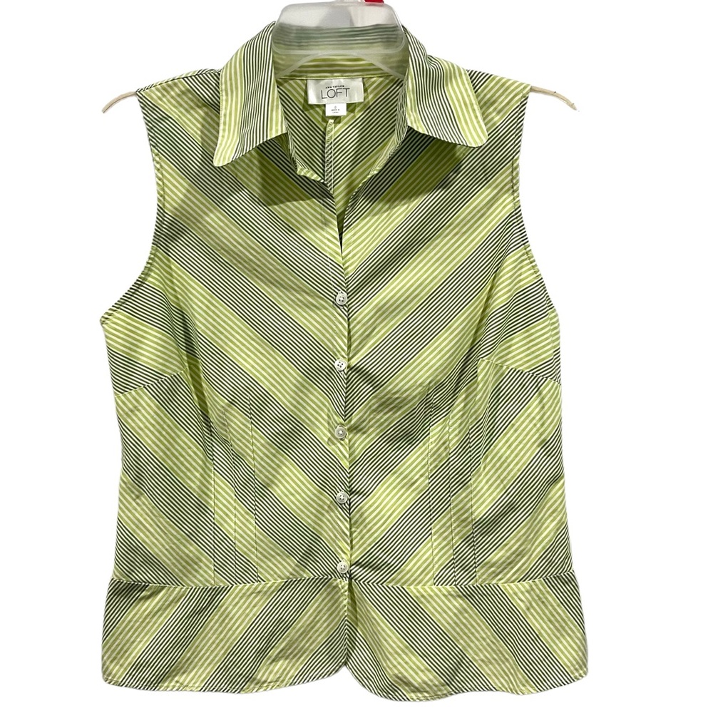 LOFT Sleeveless Striped Top Green and White Blouse Button Up Shirt